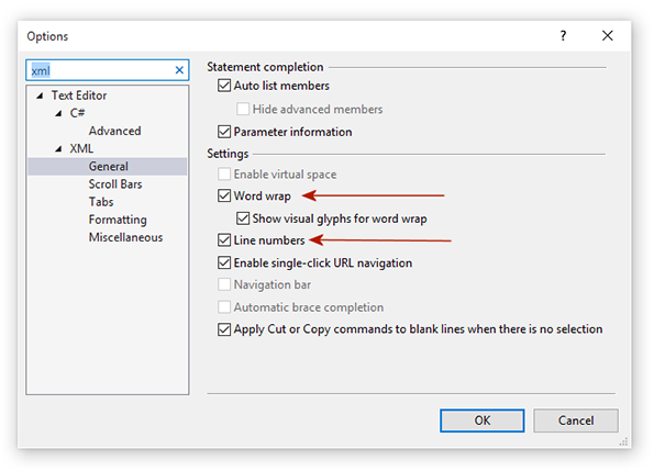Options dialog box where you turn on line numbering and word wrap